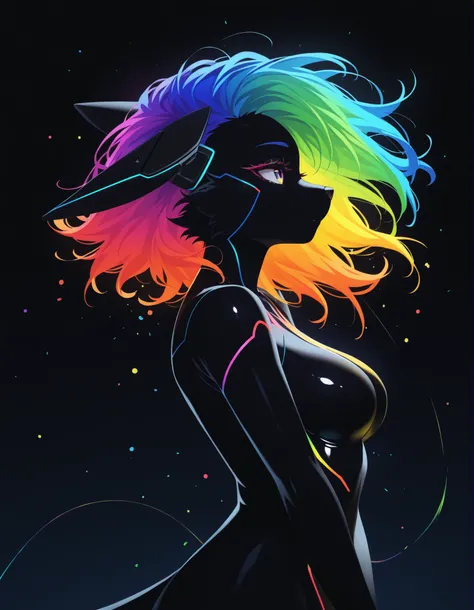 z0nkn3w,, furry girl, anthro, facing sideways, elegant pose, silhouette body, (glossy black fur), (neon outlines), (flat lighting), exploding fractals, liquid neon paint, splash effect, rainbow iridescent hair, gradient glow, (triadic colors), (spot color:...