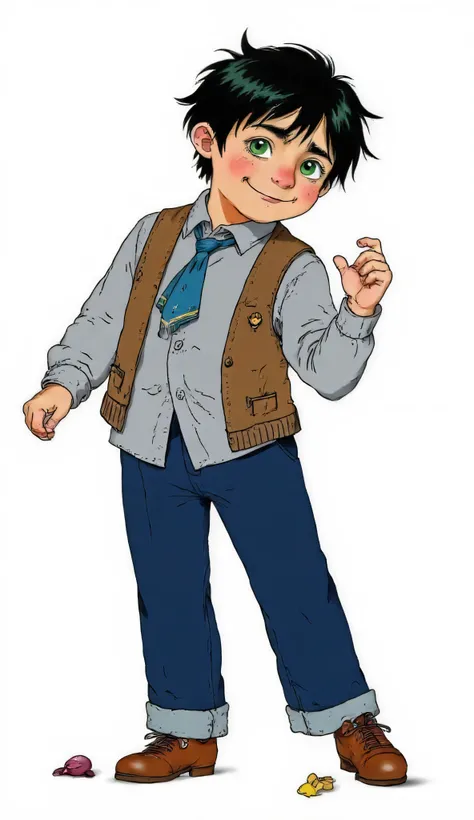 Kind and smart schoolboy Kolya, Russian fidget boy with black hair, face with a cheerful smile and sparkling green eyes, crumpled school uniform with tie pulled to one side, dynamic pose,  modern Russian animation style, bright contrasting colors, white ba...