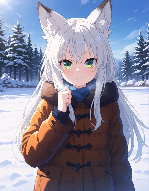 z0nkn3w,, anime, solo, BREAK, young fox girl, skinny and frail, (petite,cute:0.5), green eyes, looking at viewer, long hair, white hair, smile, winter clothes, outdoors, winter
