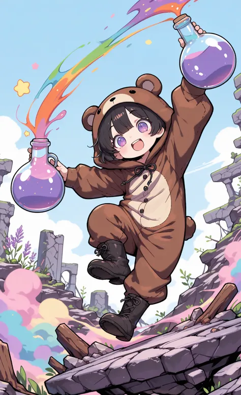 cartoon style, expressive characters, pop colors, dynamic pose, masterpiece, best quality, ultra-detailed:1.3,
Kuma, 1boy, male, solo, short black hair, lavender eyes, wearing brown bear onesie, bear hood, black boots, Ruins Alchemist,
dancing joyfully a...