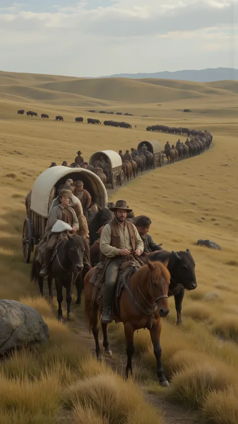 highdefinition images、gold rush、everyone in the Wild West aimed west、A line of covered wagons and mounted horses、advance through the plains while watching groups of buffalos