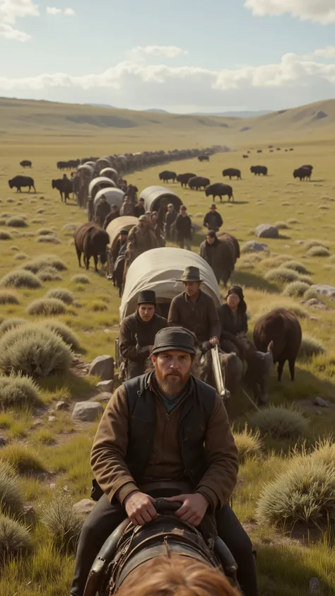 highdefinition images、gold rush、everyone in the Wild West aimed west、A line of covered wagons and mounted horses、advance through the plains while watching groups of buffalos