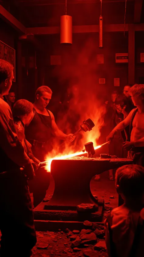 highdefinition images、Tatara Steel Manufacturing、craftsmen make iron and are still hitting a bright red sword、The appearance of several craftsmen、