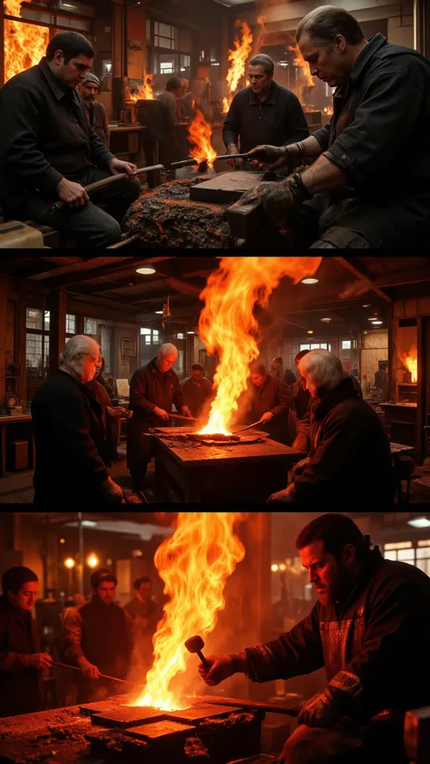 highdefinition images、Tatara Steel Manufacturing、craftsmen make still hitting a bright red sword、The appearance of several craftsmen、ダマスカス鋼を作る