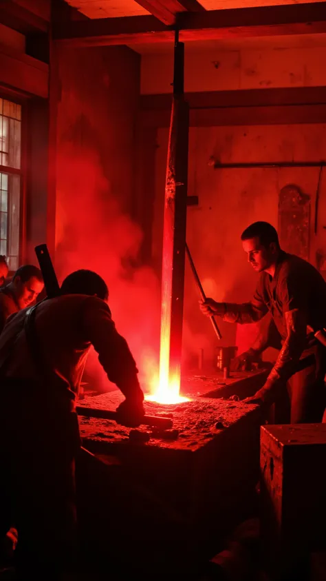 highdefinition images、Tatara Steel Manufacturing、craftsmen make iron and are still hitting a bright red sword、The appearance of several craftsmen、