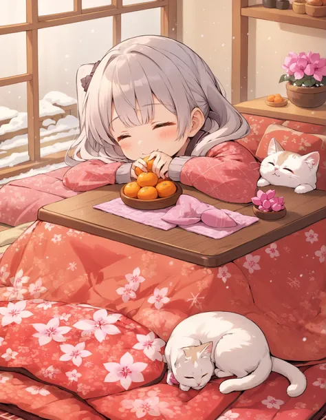 long silver hair、A beautiful girl with twin tails、Smile Yang、 snow falling outside the window 、 warm room、eating the tangerine placed on the kotatsu、The cat is sleeping on the side of the kotatsu、The room is decorated with cyclamen