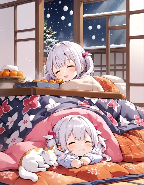 long silver hair、beautiful girl with twin tails、Smile Yan、 It's snowing outside the window 、Warm room、I'm eating tangerines with kotatsu、The cat is sleeping next to the kotatsu、The room is decorated with cyclamen
