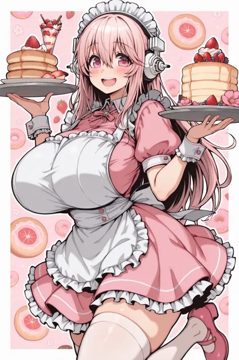 masterpiece, best quality, 1girl, solo, tray, long hair, large breasts, frills, hair between eyes, standing, fruit, frilled apron, white apron, blush, super sonico, holding tray, looking at viewer, nitroplus, food, frilled dress, white thighhighs, wrist cu...