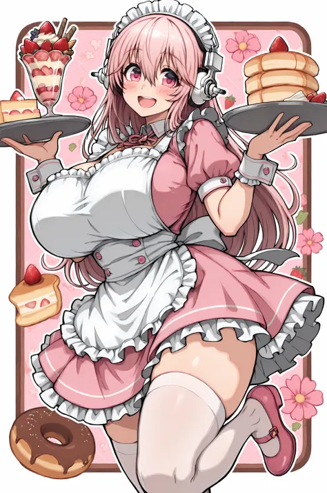 masterpiece, best quality, 1girl, solo, tray, long hair, large breasts, frills, hair between eyes, standing, fruit, frilled apron, white apron, blush, super sonico, holding tray, looking at viewer, nitroplus, food, frilled dress, white thighhighs, wrist cu...