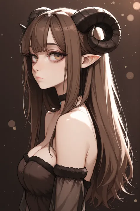 1girl, horns, solo, long hair, pointy ears, looking at viewer, brown hair, bare shoulders, , upper body, sheep horns, , light brown eyes, dress, choker, curled horns, straight hair, breasts,, detached sleeves, , brown dress, nose, from side, , , brown hair...