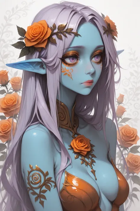 semi realistic, painterly, digital painting, blue skin, ethereal elf girl with long, flowing, light purple hair, wearing a delicate orange and rose-gold adornment in her hair and around her neck. Focus on soft, pastel, and muted colors with a light, whimsi...
