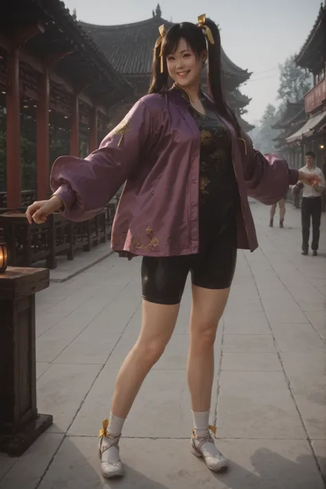 masterpiece, best quality, 1girl, solo,Ling Xiaoyu, long hair, black hair, twin tails, brown eyes, Asian, shirt, long sleeves, hair ornament, ribbon, hair ribbon, open clothes, shorts, open jacket, purple jacket, purple shorts, Chinese clothes, short dress...