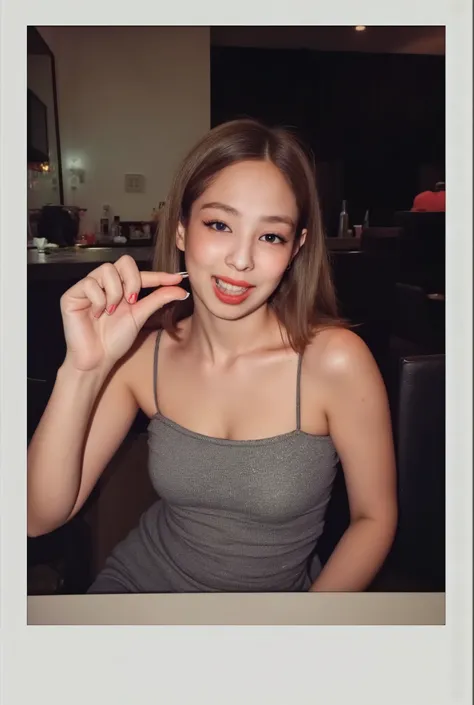 amature photo, A beautiful young girl laughing. realistic,sphf1ngers, sph, beautiful hand, 5 finger, looking at viewer,indoors, sitting, sweat, laughing woman, night club, party, bar, polaroid photo, five fingers, perfect hands