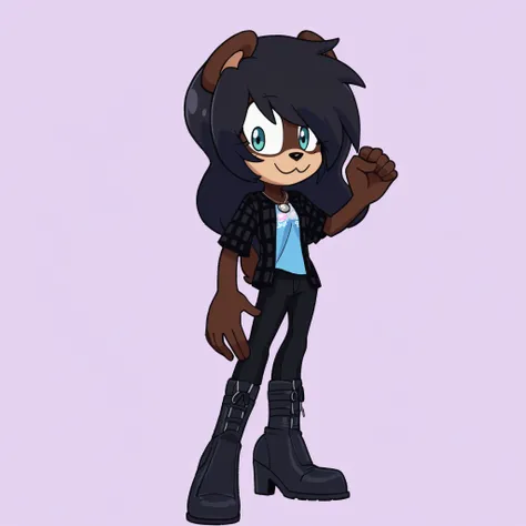 Thank you for the clarification. Here's an adjusted description for the illustration of a daring girl with black hair:

---

**Description of the illustration:**

- **character:** An anthropomorphic bear girl.
- **Appearance:** She has dark brown or black ...