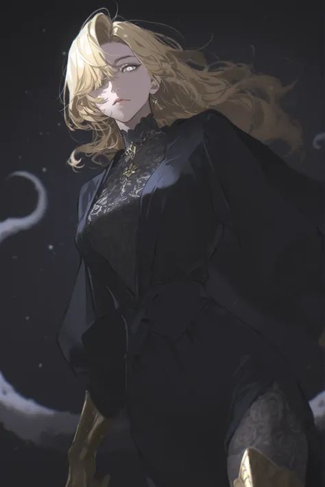 best quality, masterpiece, 1woman, blond, bright hair, priestess, mature face, straight hair, neutral expression, long_hair, parted_bangs, parted hair, mature face, dark fantasy, pattern undershirt, dynamic angle, beautiful detailed face, white flowers, w...