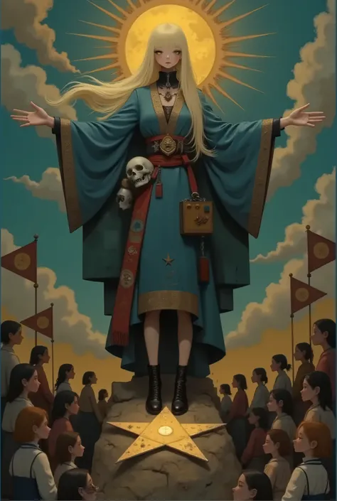 On top of a towering spire under twin suns, a blonde woman (18+) stands with arms outstretched, tall and skinny, her braided hair fanning out like a halo. Below, a ring of worshippers in mechanized hoods circle a glowing ten-pointed star planted in the roc...