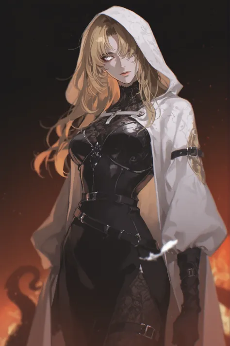 best quality, masterpiece, 1girl, blond, light hair, long_hair, straight_hair, neutral expression, priestess, mature face, dark fantasy, {black and gold splash art}, tentacles, cosmic horror, belts, leg belt, arm belt, path to nowhere, pattern undershirt,...