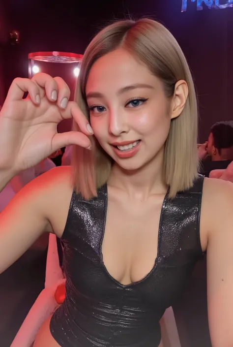 amature photo, A beautiful young girl laughing. realistic,sphf1ngers, sph, beautiful hand, 5 finger, looking at viewer,indoors, sitting, sweat, laughing woman, night club, party, bar, polaroid photo, five fingers, perfect hands