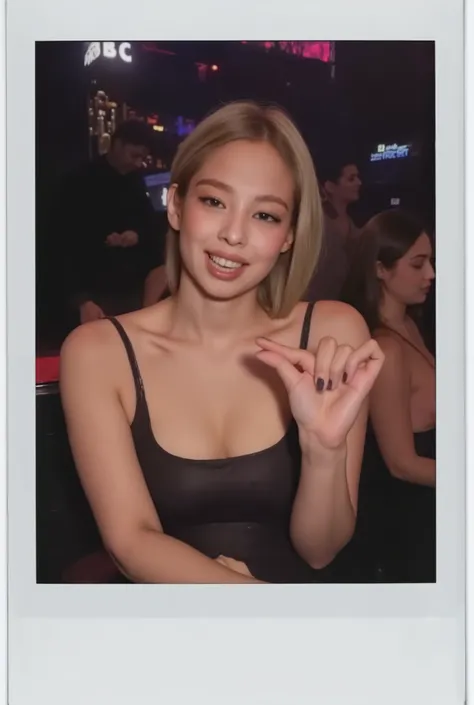 amature photo, A beautiful young girl laughing. realistic,sphf1ngers, sph, beautiful hand, 5 finger, looking at viewer,indoors, sitting, sweat, laughing woman, night club, party, bar, polaroid photo, five fingers, perfect hands