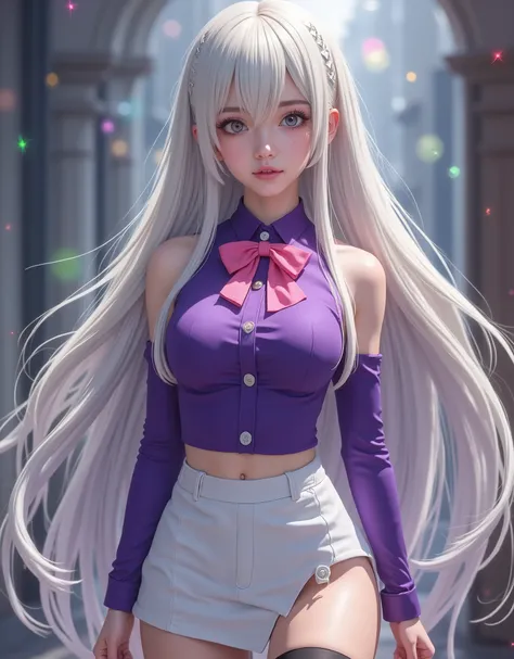 full-body portrait (hyperrealistic) by Elizabeth Liones Nanatsu no Taizai,white hair,ultra-detailed eyes with ((heterochromia)) yellow gold and blue,emphasized bust,su atuendo es una camisa sin mangas ajustada de color morado dark con botones en color blan...