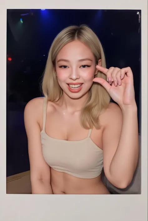 amature photo, A beautiful young girl laughing. realistic,sphf1ngers, sph, beautiful hand, 5 finger, looking at viewer,indoors, sitting, sweat, laughing woman, night club, party, bar, polaroid photo, five fingers, perfect hands