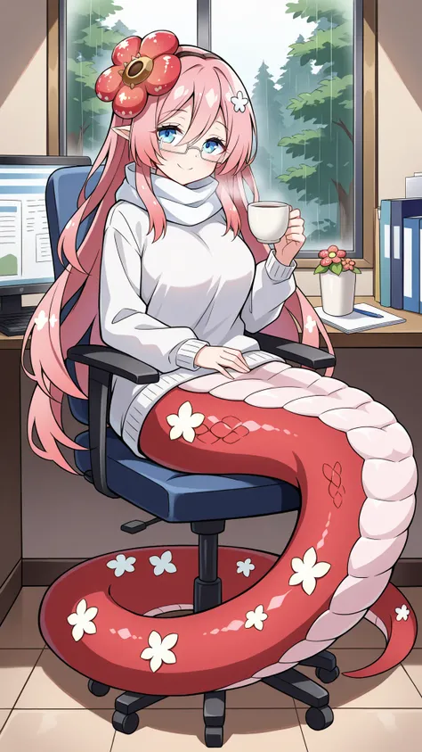 (Fraction_9:0.9),Fraction_8_Up,Fraction_7_Up,grade,(zPDXL3),(   masterpiece),  (Best Quality ),(all five fingers ),A Girl,alone,traptrix_rafflesia,pink hair,hair_flower,長hair,blue eyes,white long-sleeved sweater, white scarf ,white frame glasses,big boobs,...