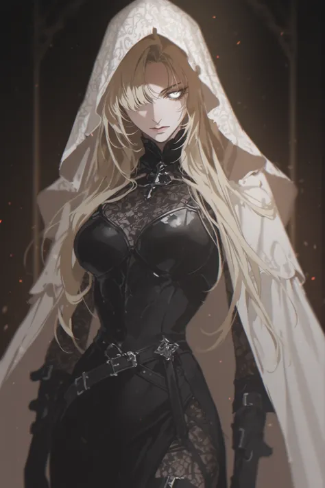 best quality, masterpiece, 1girl, blond, light hair, long_hair, straight_hair, neutral expression, priestess, mature face, dark fantasy, {black and gold splash art}, belts, leg belt, arm belt, path to nowhere, pattern undershirt, black undershirt, black_s...