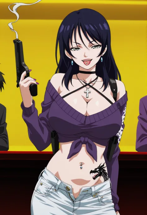 masterpiece, best quality, amazing quality,,  yuri kotobiki, long hair, black hair, grey eyes, mature female, , anime screencap, off shoulder, sweater, purple sweater, skirt, white skirt,,  nail polish, ear piercing, long hair, , lipstick,Hot girl, baddie,...