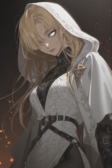 best quality, masterpiece, 1girl, blond, light hair, long_hair, straight_hair, neutral expression, priestess, mature face, dark fantasy, {black and gold splash art}, belts, leg belt, arm belt, white undershirt, black undershirt, white_skirt, white hood, ...
