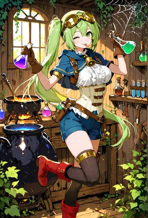 high resolution, best quality, ultra-detailed, solo, one girl, alchemist, green side ponytail, gold goggles on head, bell on neck, blue cape, white shirt with frills, brown shoulder holster, brown arm ornament, brown gloves, white corset, waist bag, wearin...