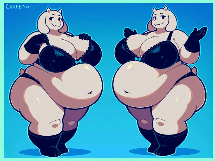 Toriel from Undertale, by greenendorf, alone, female, extra big belly, extra big breasts, fat body, black bra, black underwear, black socks, black short gloves, big tits, fat body, sexy pose, full body, nsfw