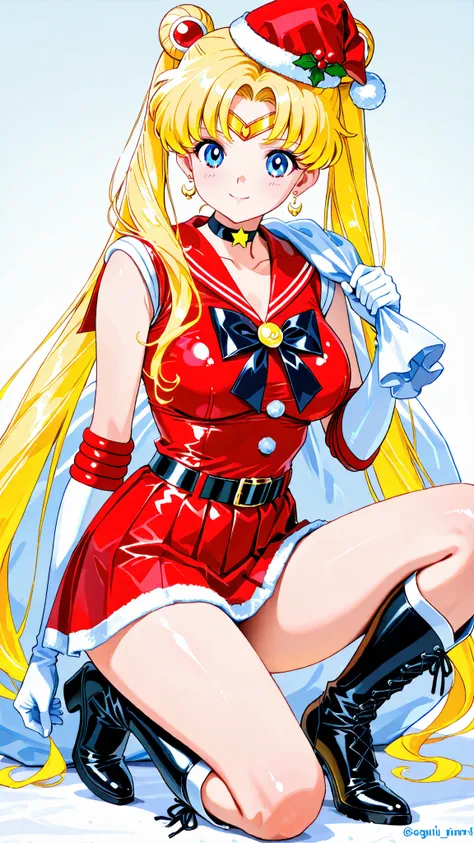 A girl, sailor moon, blue eyes yellow hair a congo on each side and posing crouched in a provocative Santa Claus costume, smiling flirty . She wears a short red top with large breasts and white leather trims, , a matching red miniskirt with a black be...