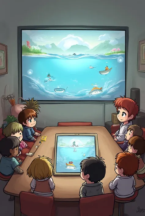  SCENE 1 : Today's living room
Scenario: modern living room, children at group tables, interactive screen turned on.
officer: ¡Mira, tupac! Today we learned about water with a game.
tupac: Yeah! And we even drew a picture on the tablet.
