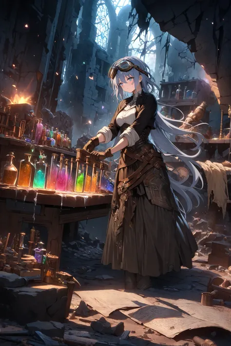 (masterpiece, best quality, ultra detailed, cinematic lighting, fantasy alchemist style),  
(a female alchemist mixing glowing liquids in a glass vial, focused and calm expression, standing in front of an alchemy workbench filled with apparatus, ancient sc...