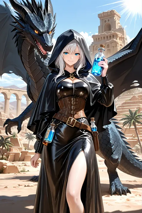 (masterpiece, Highest Quality, fantasy illustrations), 

(An enigmatic female alchemist with a glowing potion, Black Hooded Cloak, Corset dress with alchemy symbols, Leather Handbags, (Wearing a belt with a medicine bottle:1.2)), 
(Confident Smile、Cunning ...