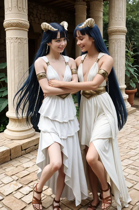 2girls, Saphir Maasa, 150cm, blunt bangs, very long hair, dark blue hair, blue eyes, hair tubes, horns,ancient Greek clothes, small breasts, sleeveless dress, white dress, armlet, belt, sandals, hugging her twin sister, embrace, tearful happy, outdoors, in...