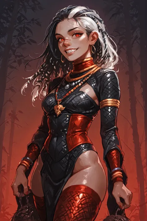 She looks like Elena from Street Fighter and has a horizontal scar across her nose. Inca girl with white dreadlocks with black highlights and silver pearls, red eyes, slanted Asian eyes, sharp canine teeth, black eyeliner, athletic body. Slender and athlet...