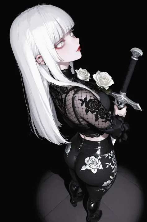 1girl, vampire, standing, segmented blade sword, fair skin, cropped white lace gothic top, piercings, beautifully detailed white eyes, long thick white hair, hime cut,looking back at viewer, thick thighs, leather mesh gothic white rose print pants, long ...