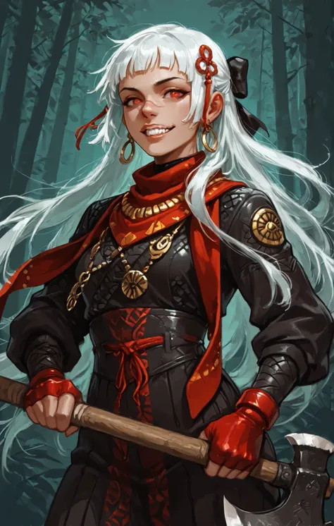 She looks like Elena from Street Fighter and has a horizontal scar across her nose. Inca girl with white dreadlocks with black highlights and silver pearls, red eyes, slanted Asian eyes, sharp canine teeth, black eyeliner, athletic body. Slender and athlet...