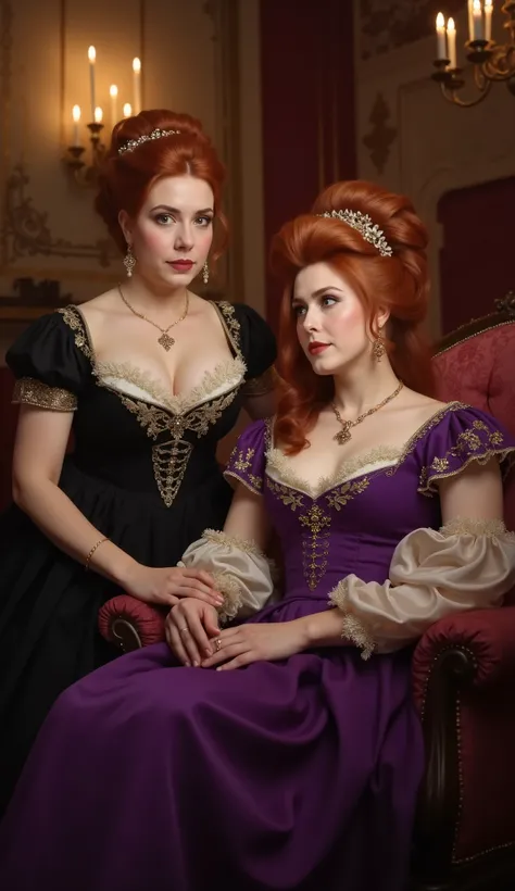 (1812 romance era, Bridgeton style:1.3) An opulent sitting room filled with warm candlelight. Duchess Charlotte (thick, rich radiant red-gold hair:1.3) in a (Stunning Regency updo:1.3), draped in a sapphire silk (Bridgerton style corseted gown:1.3), reclin...