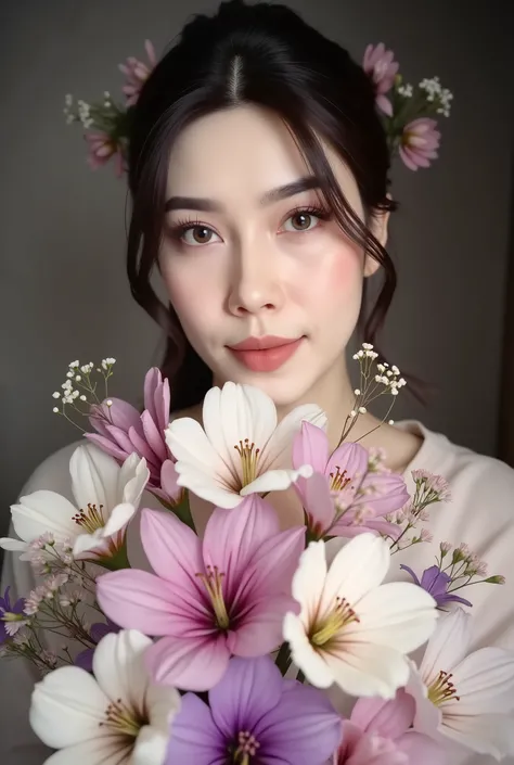 A beautiful woman holding a bouquet of lisianthus (Eustoma) flowers, realistic style, soft natural lighting, delicate facial features, smooth skin, detailed petals with shades of white, pink, and purple, cinematic composition, high resolution, ultra-detail...