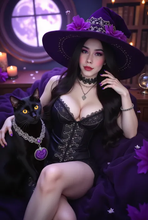 masterpiece, Ultra HD, top quality sexy young witch, long black hair, Purple Eyes, seductive face, Sensual smile,
Big Breasts, deep black corset dress showing deep breasts {x},
waist accentuating silhouette, The lace decoration , Sparkling Jewel Embellish...