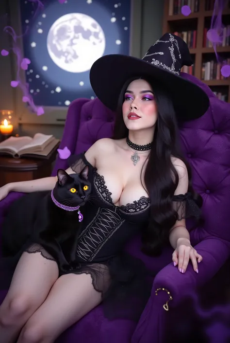 masterpiece, Ultra HD, top quality sexy young witch, long black hair, Purple Eyes, seductive face, Sensual smile,
Big Breasts, deep black corset dress showing deep breasts {x},
waist accentuating silhouette, The lace decoration , Sparkling Jewel Embellish...