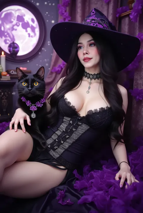 masterpiece, Ultra HD, top quality sexy young witch, long black hair, Purple Eyes, seductive face, Sensual smile,
Big Breasts, deep black corset dress showing deep breasts {x},
waist accentuating silhouette, The lace decoration , Sparkling Jewel Embellish...