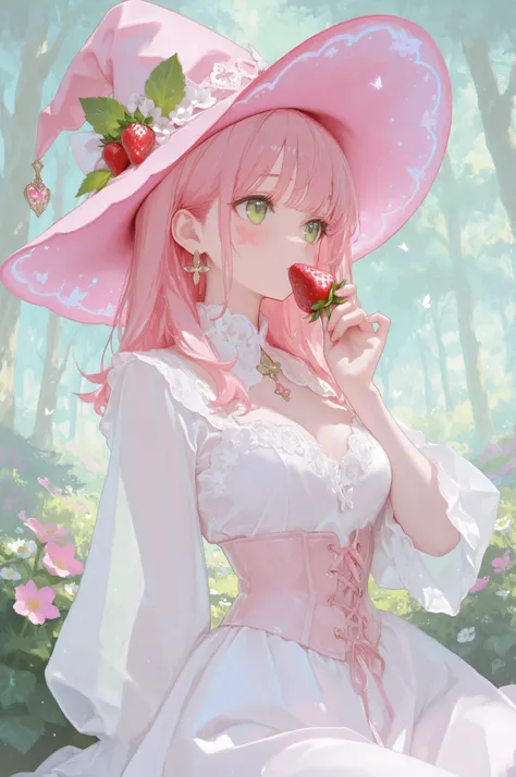 A digital illustration of a anime-style girl with pink hair, wearing a pink witch hat adorned with strawberries, a floral, corset-style dress with sheer sleeves and lace detailing, and rosy cheeks; her bright green eyes and soft features set against a past...
