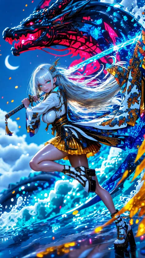 32K,Highest Quality、MaXimum resolution,masterpiece,beautiful顔, shiny skin ,smiling Yang      ,favorite face ,1girl, solo, great long hair, blue hair,knee-high, battle pose(  great),weapons, ,cloud, Moon, and big waves , battle pose, Curved Platform Shoes, ...