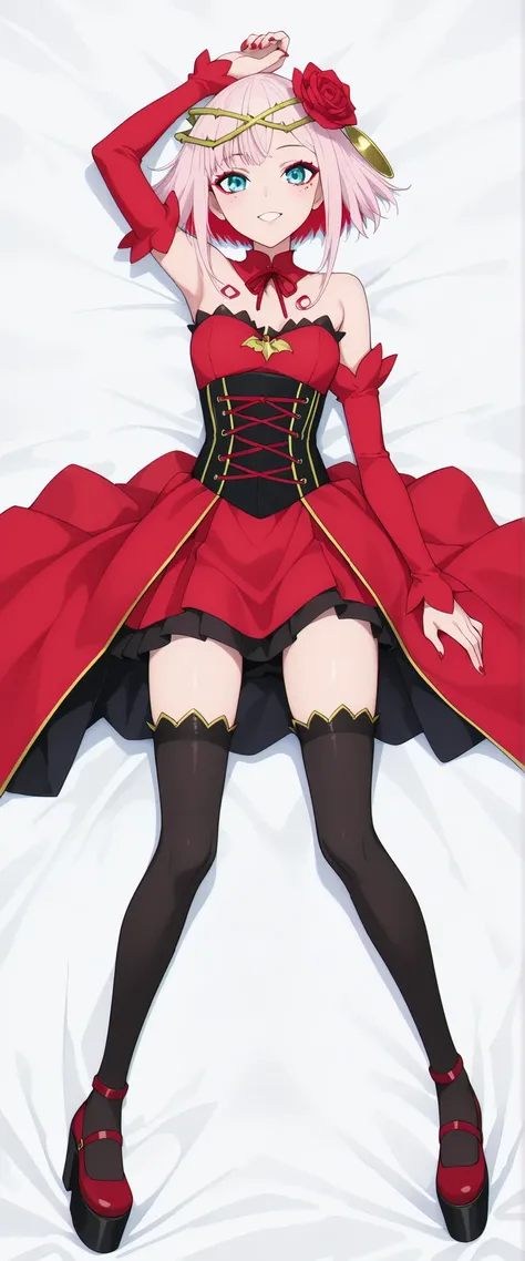 JK,1 girl, only, only women, SFW,
destiny, short hair, colored inner hair, pink hair, red hair, short hair with long locks, hair ornament, hair flower, crown of thorns, aqua eyes, makeup, red eyeshadow, mark under eye
red nails, detached collar, red dre...