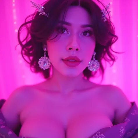 Close-up portrait of Luna with sci-fi earrings, shimmering lips, soft pink neon light Sexy , large breasts cleavage visible
