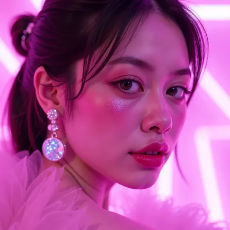 Close-up portrait of Luna with sci-fi earrings, shimmering lips, soft pink neon light Sexy , large breasts cleavage visible