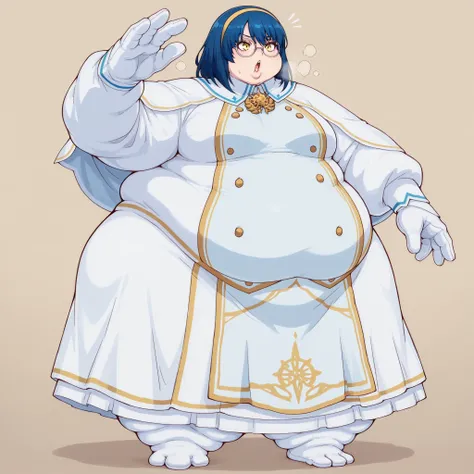 Umin, full body, medium hair, blue hair, bangs, yellow eyes, yellow hairband, round eyewear, glasses, small breasts, school uniform, umindress, high collar, white capelet, golden brooch, white long sleeves, gold trim, golden buttons, white long skirt, pelv...